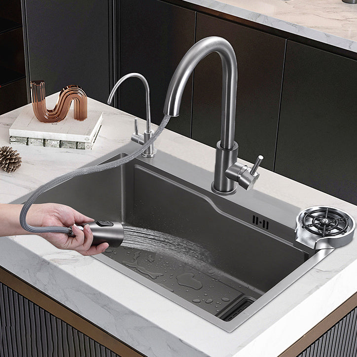 Modern Style Kitchen Sink Stainless Steel Drop-In Noise-cancelling Design Kitchen Sink 29.5"L x 17.7"W x 8.3"H Sink with Faucet Trumpet-shaped Pull Out Water Filter Double Faucet Clearhalo 'Home Improvement' 'home_improvement' 'home_improvement_kitchen_sinks' 'Kitchen Remodel & Kitchen Fixtures' 'Kitchen Sinks & Faucet Components' 'Kitchen Sinks' 'kitchen_sinks' 6800329