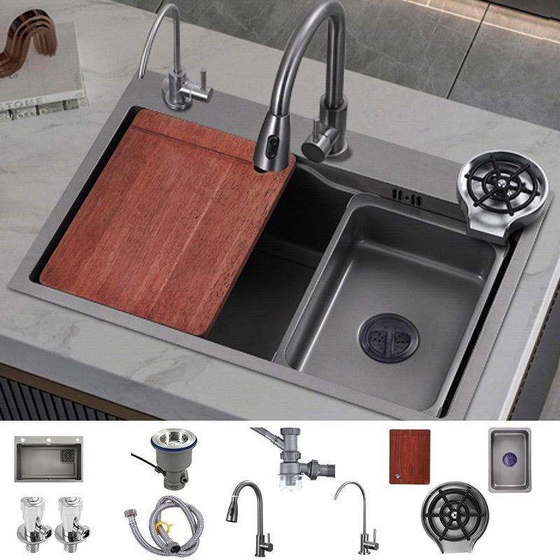 Modern Style Kitchen Sink Stainless Steel Drop-In Noise-cancelling Design Kitchen Sink Sink with Faucet Trumpet-shaped Pull Out Water Filter Double Faucet Clearhalo 'Home Improvement' 'home_improvement' 'home_improvement_kitchen_sinks' 'Kitchen Remodel & Kitchen Fixtures' 'Kitchen Sinks & Faucet Components' 'Kitchen Sinks' 'kitchen_sinks' 6800335