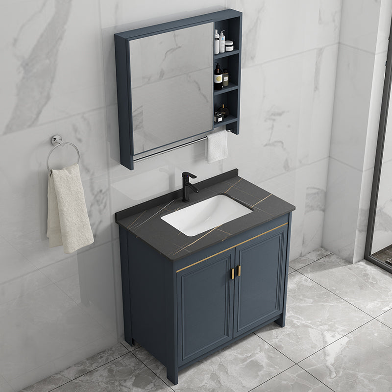 Blue Bathroom Vanity Metal Frame Single Sink Rectangle Mirror Bath Vanity with 2 Doors Clearhalo 'Bathroom Remodel & Bathroom Fixtures' 'Bathroom Vanities' 'bathroom_vanities' 'Home Improvement' 'home_improvement' 'home_improvement_bathroom_vanities' 6800430