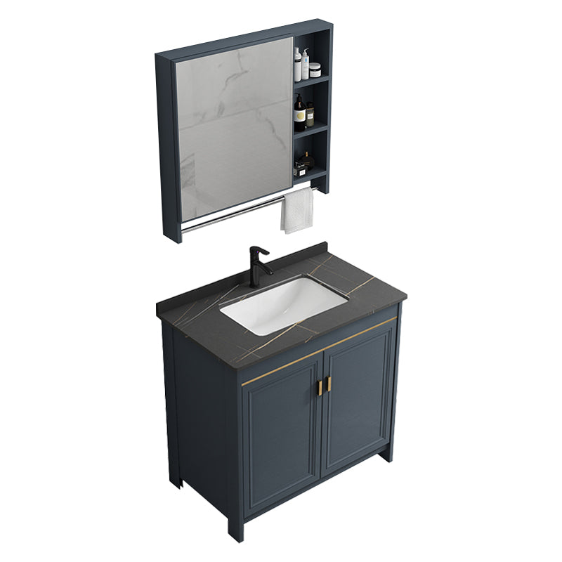 Blue Bathroom Vanity Metal Frame Single Sink Rectangle Mirror Bath Vanity with 2 Doors Vanity & Faucet & Mirror Cabinet Towel Bar Included Clearhalo 'Bathroom Remodel & Bathroom Fixtures' 'Bathroom Vanities' 'bathroom_vanities' 'Home Improvement' 'home_improvement' 'home_improvement_bathroom_vanities' 6800431