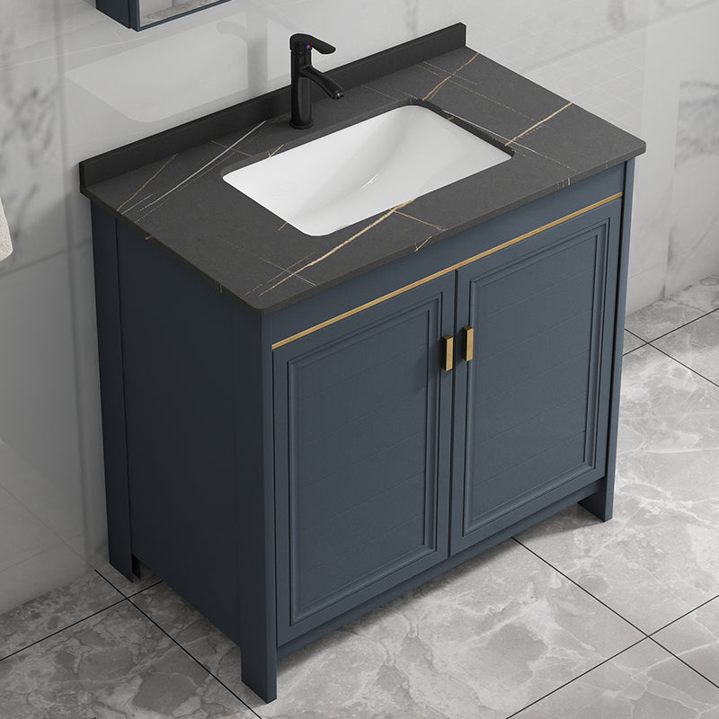 Blue Bathroom Vanity Metal Frame Single Sink Rectangle Mirror Bath Vanity with 2 Doors Clearhalo 'Bathroom Remodel & Bathroom Fixtures' 'Bathroom Vanities' 'bathroom_vanities' 'Home Improvement' 'home_improvement' 'home_improvement_bathroom_vanities' 6800432