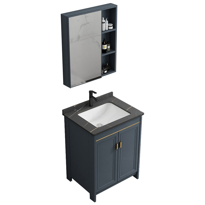 Blue Bathroom Vanity Metal Frame Single Sink Rectangle Mirror Bath Vanity with 2 Doors Vanity & Faucet & Mirror Cabinet 24"L x 19"W x 32"H Towel Bar Not Included Clearhalo 'Bathroom Remodel & Bathroom Fixtures' 'Bathroom Vanities' 'bathroom_vanities' 'Home Improvement' 'home_improvement' 'home_improvement_bathroom_vanities' 6800438