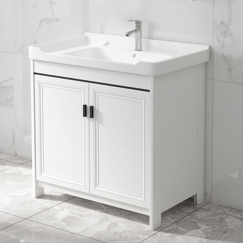 Rectangle Vanity Set White 2 Doors Freestanding Metal Frame Single Sink Vanity Clearhalo 'Bathroom Remodel & Bathroom Fixtures' 'Bathroom Vanities' 'bathroom_vanities' 'Home Improvement' 'home_improvement' 'home_improvement_bathroom_vanities' 6800479
