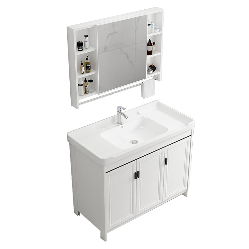 Rectangle Vanity Set White 2 Doors Freestanding Metal Frame Single Sink Vanity Vanity & Faucet & Mirror Cabinet Towel Bar Included Clearhalo 'Bathroom Remodel & Bathroom Fixtures' 'Bathroom Vanities' 'bathroom_vanities' 'Home Improvement' 'home_improvement' 'home_improvement_bathroom_vanities' 6800495