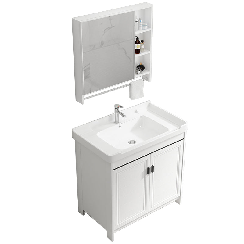 Rectangle Vanity Set White 2 Doors Freestanding Metal Frame Single Sink Vanity Vanity & Faucet & Mirror Cabinet Towel Bar Included Clearhalo 'Bathroom Remodel & Bathroom Fixtures' 'Bathroom Vanities' 'bathroom_vanities' 'Home Improvement' 'home_improvement' 'home_improvement_bathroom_vanities' 6800496