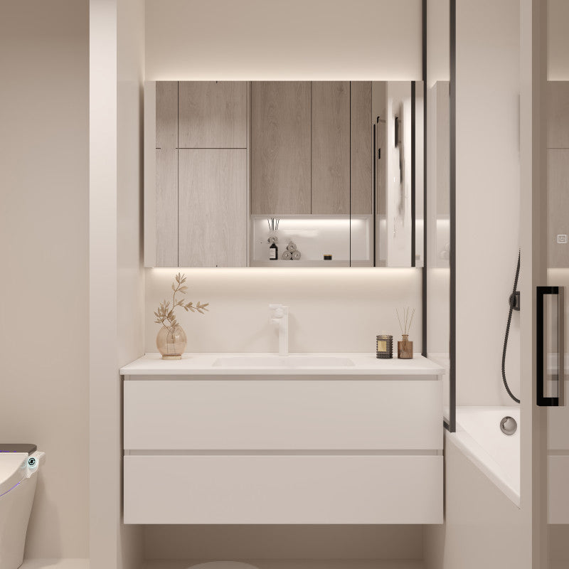 White Bathroom Vanity Wood Rectangle Single Sink Wall Mount 2 Drawers Vanity Set Vanity & Faucet & Mirror Cabinet Clearhalo 'Bathroom Remodel & Bathroom Fixtures' 'Bathroom Vanities' 'bathroom_vanities' 'Home Improvement' 'home_improvement' 'home_improvement_bathroom_vanities' 6800526