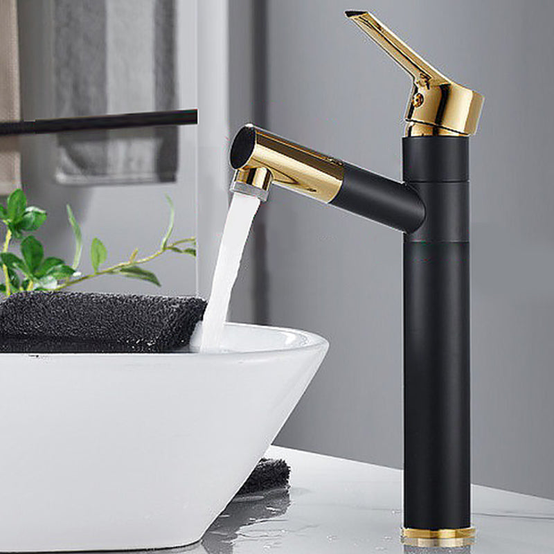 Swivel Spout Basin Faucet Pull-out Luxury Vanity Sink Faucet Circular Brass Faucet Black-Gold 13.4" Clearhalo 'Bathroom Remodel & Bathroom Fixtures' 'Bathroom Sink Faucets' 'Bathroom Sinks & Faucet Components' 'bathroom_sink_faucets' 'Home Improvement' 'home_improvement' 'home_improvement_bathroom_sink_faucets' 6818287