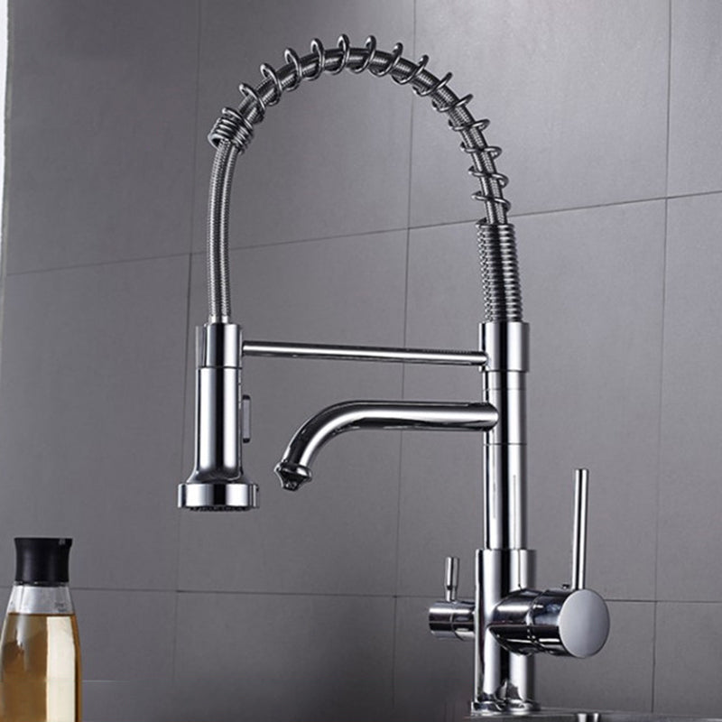 Modern Faucet Spring Swivel Drop down Lever Handle High Arc Kitchen Faucet Nickel Hot and Cold Water Faucet Clearhalo 'Home Improvement' 'home_improvement' 'home_improvement_kitchen_faucets' 'Kitchen Faucets' 'Kitchen Remodel & Kitchen Fixtures' 'Kitchen Sinks & Faucet Components' 'kitchen_faucets' 6818405