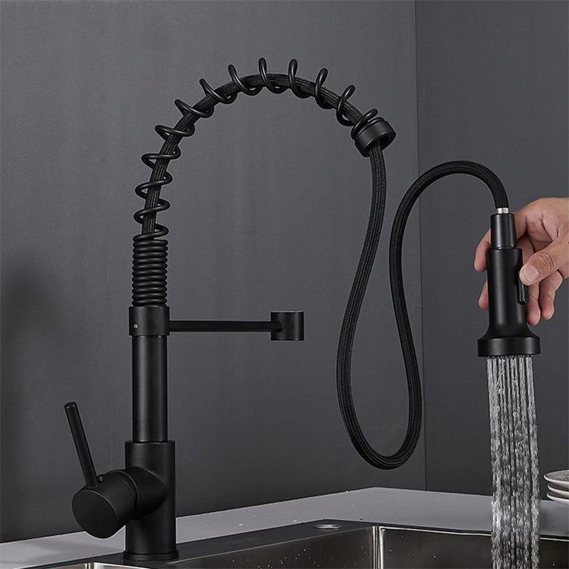 Modern Faucet Spring Swivel Drop down Lever Handle High Arc Kitchen Faucet Black Pull Out Faucet Clearhalo 'Home Improvement' 'home_improvement' 'home_improvement_kitchen_faucets' 'Kitchen Faucets' 'Kitchen Remodel & Kitchen Fixtures' 'Kitchen Sinks & Faucet Components' 'kitchen_faucets' 6818406