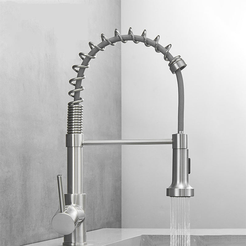 Modern Faucet Spring Swivel Drop down Lever Handle High Arc Kitchen Faucet Silver Pull Out Faucet Clearhalo 'Home Improvement' 'home_improvement' 'home_improvement_kitchen_faucets' 'Kitchen Faucets' 'Kitchen Remodel & Kitchen Fixtures' 'Kitchen Sinks & Faucet Components' 'kitchen_faucets' 6818413