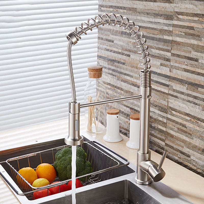 Modern Faucet Spring Swivel Drop down Lever Handle High Arc Kitchen Faucet Silver Gooseneck High Arc Clearhalo 'Home Improvement' 'home_improvement' 'home_improvement_kitchen_faucets' 'Kitchen Faucets' 'Kitchen Remodel & Kitchen Fixtures' 'Kitchen Sinks & Faucet Components' 'kitchen_faucets' 6818414