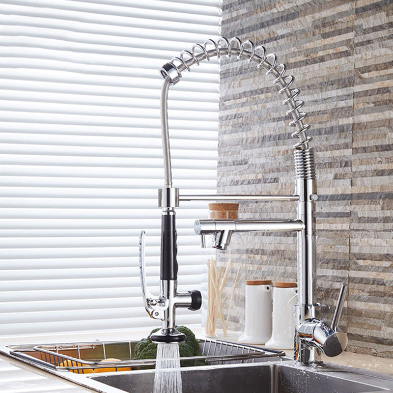Modern Faucet Spring Swivel Drop down Lever Handle High Arc Kitchen Faucet Nickel Spring Faucet Clearhalo 'Home Improvement' 'home_improvement' 'home_improvement_kitchen_faucets' 'Kitchen Faucets' 'Kitchen Remodel & Kitchen Fixtures' 'Kitchen Sinks & Faucet Components' 'kitchen_faucets' 6818416