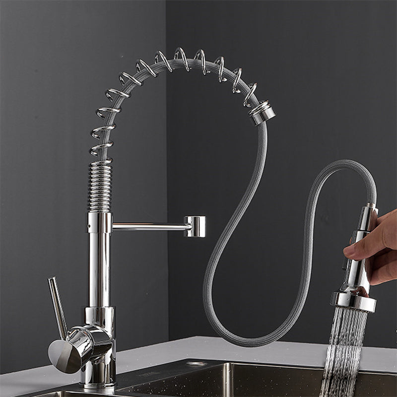 Modern Faucet Spring Swivel Drop down Lever Handle High Arc Kitchen Faucet Nickel Pull Out Faucet Clearhalo 'Home Improvement' 'home_improvement' 'home_improvement_kitchen_faucets' 'Kitchen Faucets' 'Kitchen Remodel & Kitchen Fixtures' 'Kitchen Sinks & Faucet Components' 'kitchen_faucets' 6818418