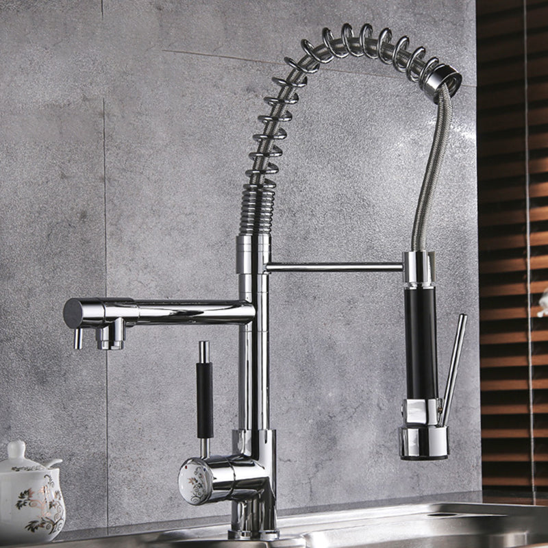 Modern Faucet Spring Swivel Drop down Lever Handle High Arc Kitchen Faucet Nickel Pull Down/ Pull Out Faucet Clearhalo 'Home Improvement' 'home_improvement' 'home_improvement_kitchen_faucets' 'Kitchen Faucets' 'Kitchen Remodel & Kitchen Fixtures' 'Kitchen Sinks & Faucet Components' 'kitchen_faucets' 6818422