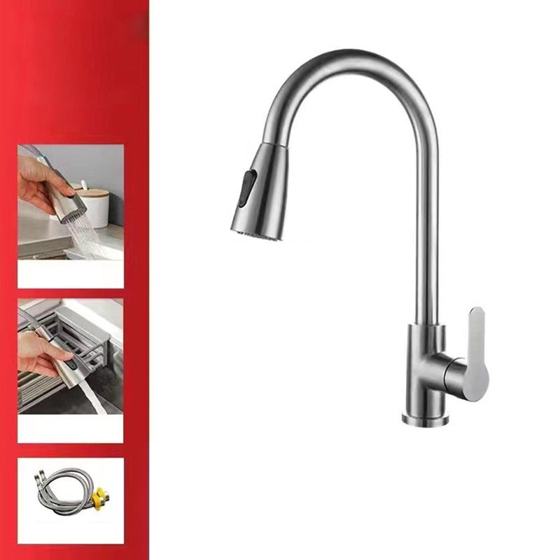 Modern 1-Handle 1-Hole Faucet Stainless Steel with Pull out Sprayer Faucet Clearhalo 'Home Improvement' 'home_improvement' 'home_improvement_kitchen_faucets' 'Kitchen Faucets' 'Kitchen Remodel & Kitchen Fixtures' 'Kitchen Sinks & Faucet Components' 'kitchen_faucets' 6818439