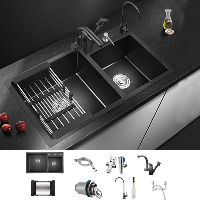 Rectangle Stainless Steel Sink in Black Double Bowl Drop-In Kitchen Sink Sink with Faucet Double Tap for Water Purification Clearhalo 'Home Improvement' 'home_improvement' 'home_improvement_kitchen_sinks' 'Kitchen Remodel & Kitchen Fixtures' 'Kitchen Sinks & Faucet Components' 'Kitchen Sinks' 'kitchen_sinks' 6818690