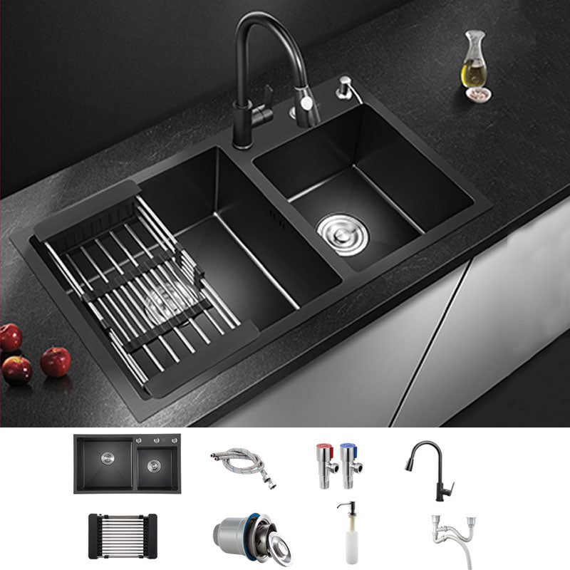 Rectangle Stainless Steel Sink in Black Double Bowl Drop-In Kitchen Sink Sink with Faucet Pull Out Faucet Clearhalo 'Home Improvement' 'home_improvement' 'home_improvement_kitchen_sinks' 'Kitchen Remodel & Kitchen Fixtures' 'Kitchen Sinks & Faucet Components' 'Kitchen Sinks' 'kitchen_sinks' 6818692