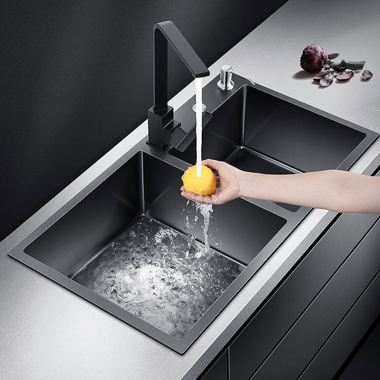 Rectangle Stainless Steel Sink in Black Double Bowl Drop-In Kitchen Sink Clearhalo 'Home Improvement' 'home_improvement' 'home_improvement_kitchen_sinks' 'Kitchen Remodel & Kitchen Fixtures' 'Kitchen Sinks & Faucet Components' 'Kitchen Sinks' 'kitchen_sinks' 6818693