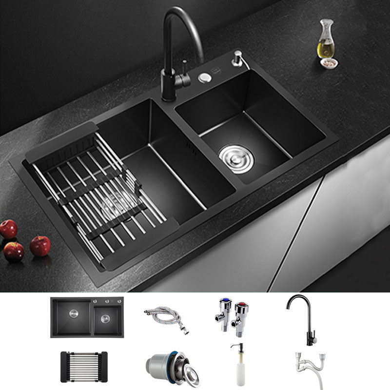 Rectangle Stainless Steel Sink in Black Double Bowl Drop-In Kitchen Sink Sink with Faucet Round Faucet Clearhalo 'Home Improvement' 'home_improvement' 'home_improvement_kitchen_sinks' 'Kitchen Remodel & Kitchen Fixtures' 'Kitchen Sinks & Faucet Components' 'Kitchen Sinks' 'kitchen_sinks' 6818694