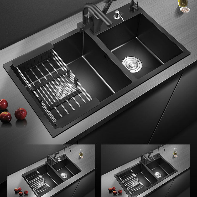 Rectangle Stainless Steel Sink in Black Double Bowl Drop-In Kitchen Sink Clearhalo 'Home Improvement' 'home_improvement' 'home_improvement_kitchen_sinks' 'Kitchen Remodel & Kitchen Fixtures' 'Kitchen Sinks & Faucet Components' 'Kitchen Sinks' 'kitchen_sinks' 6818695