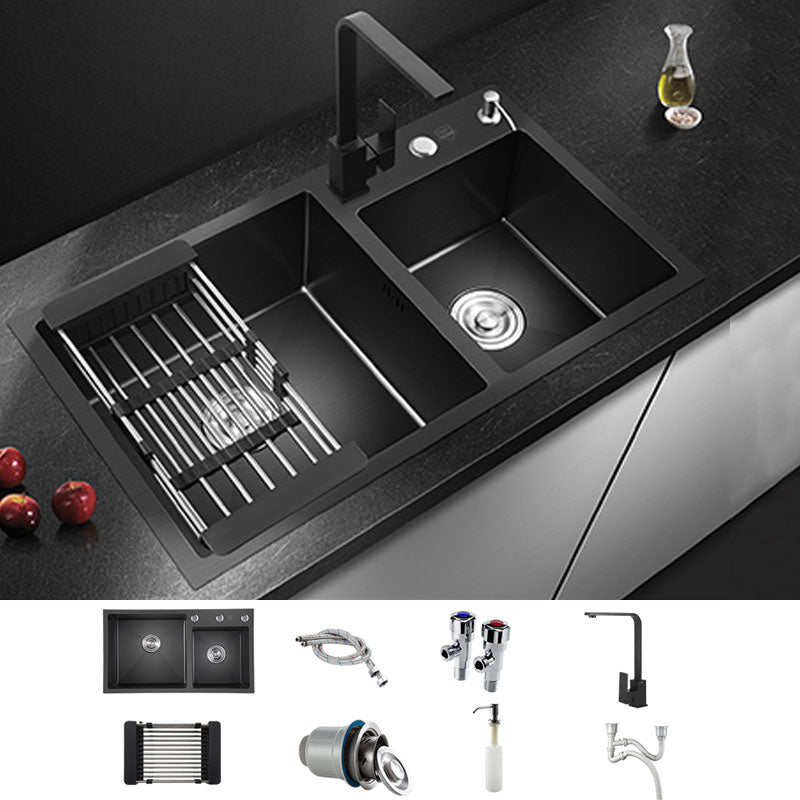 Rectangle Stainless Steel Sink in Black Double Bowl Drop-In Kitchen Sink Sink with Faucet Square Faucet Clearhalo 'Home Improvement' 'home_improvement' 'home_improvement_kitchen_sinks' 'Kitchen Remodel & Kitchen Fixtures' 'Kitchen Sinks & Faucet Components' 'Kitchen Sinks' 'kitchen_sinks' 6818696