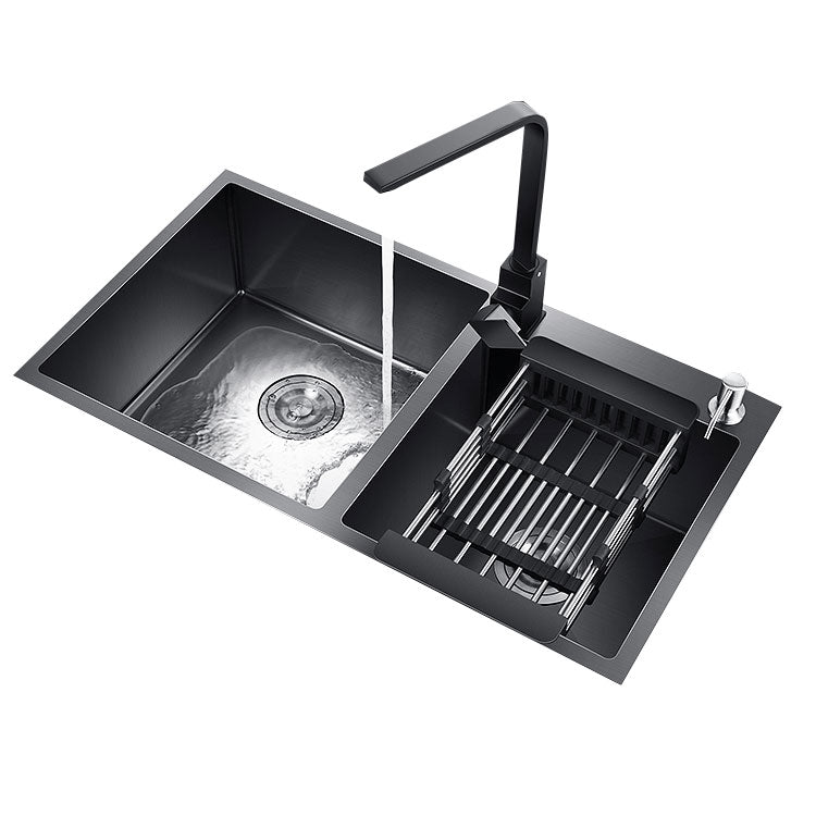 Rectangle Stainless Steel Sink in Black Double Bowl Drop-In Kitchen Sink Clearhalo 'Home Improvement' 'home_improvement' 'home_improvement_kitchen_sinks' 'Kitchen Remodel & Kitchen Fixtures' 'Kitchen Sinks & Faucet Components' 'Kitchen Sinks' 'kitchen_sinks' 6818697