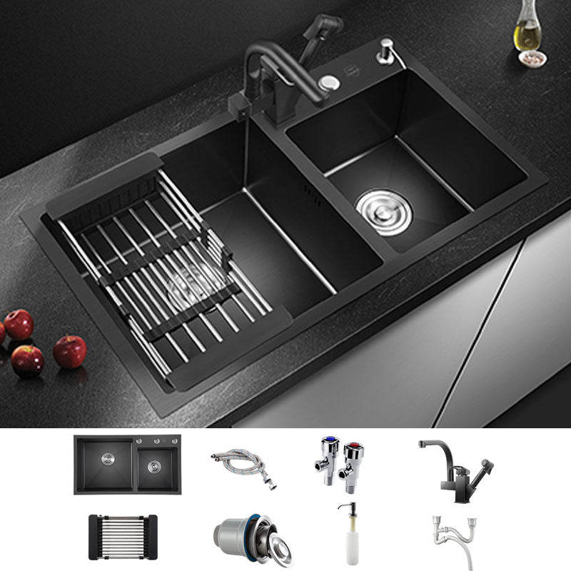 Rectangle Stainless Steel Sink in Black Double Bowl Drop-In Kitchen Sink Sink with Faucet Draw the Nozzle Faucet Clearhalo 'Home Improvement' 'home_improvement' 'home_improvement_kitchen_sinks' 'Kitchen Remodel & Kitchen Fixtures' 'Kitchen Sinks & Faucet Components' 'Kitchen Sinks' 'kitchen_sinks' 6818698