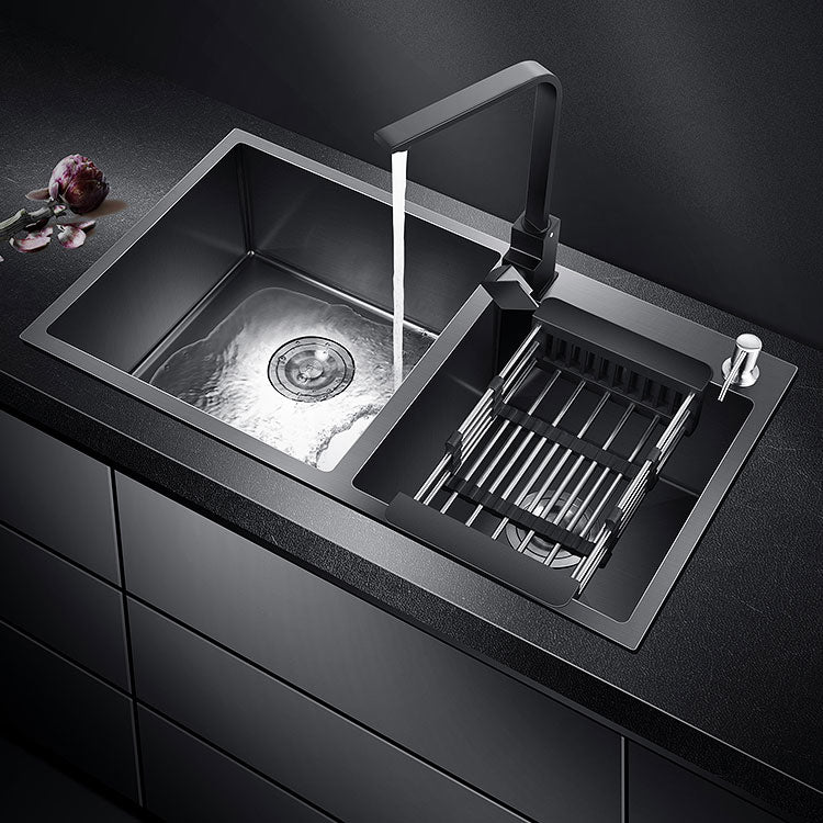 Rectangle Stainless Steel Sink in Black Double Bowl Drop-In Kitchen Sink Clearhalo 'Home Improvement' 'home_improvement' 'home_improvement_kitchen_sinks' 'Kitchen Remodel & Kitchen Fixtures' 'Kitchen Sinks & Faucet Components' 'Kitchen Sinks' 'kitchen_sinks' 6818703