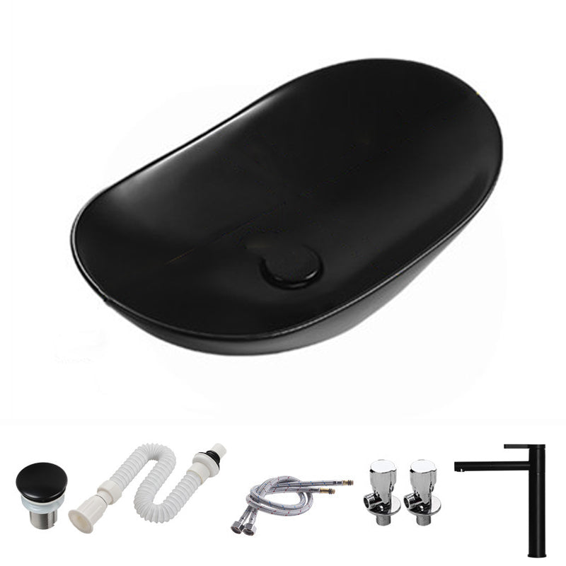 Modern Vessel Bathroom Sink Porcelain Oval with Pop-Up Drain and Faucet Vessel Sink 23.6"L x 14.2"W x 5.9"H Black Swivel Faucet Clearhalo 'Bathroom Remodel & Bathroom Fixtures' 'Bathroom Sinks & Faucet Components' 'Bathroom Sinks' 'bathroom_sink' 'Home Improvement' 'home_improvement' 'home_improvement_bathroom_sink' 6818756