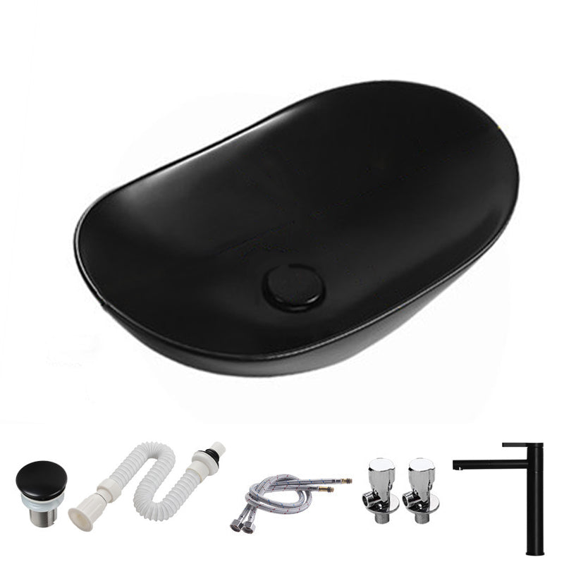 Modern Vessel Bathroom Sink Porcelain Oval with Pop-Up Drain and Faucet Vessel Sink 20.5"L x 12.8"W x 5.9"H Black Swivel Faucet Clearhalo 'Bathroom Remodel & Bathroom Fixtures' 'Bathroom Sinks & Faucet Components' 'Bathroom Sinks' 'bathroom_sink' 'Home Improvement' 'home_improvement' 'home_improvement_bathroom_sink' 6818758