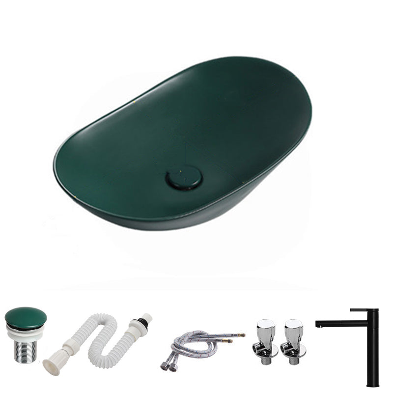 Modern Vessel Bathroom Sink Porcelain Oval with Pop-Up Drain and Faucet Vessel Sink 23.6"L x 14.2"W x 5.9"H Blackish Green Swivel Faucet Clearhalo 'Bathroom Remodel & Bathroom Fixtures' 'Bathroom Sinks & Faucet Components' 'Bathroom Sinks' 'bathroom_sink' 'Home Improvement' 'home_improvement' 'home_improvement_bathroom_sink' 6818767