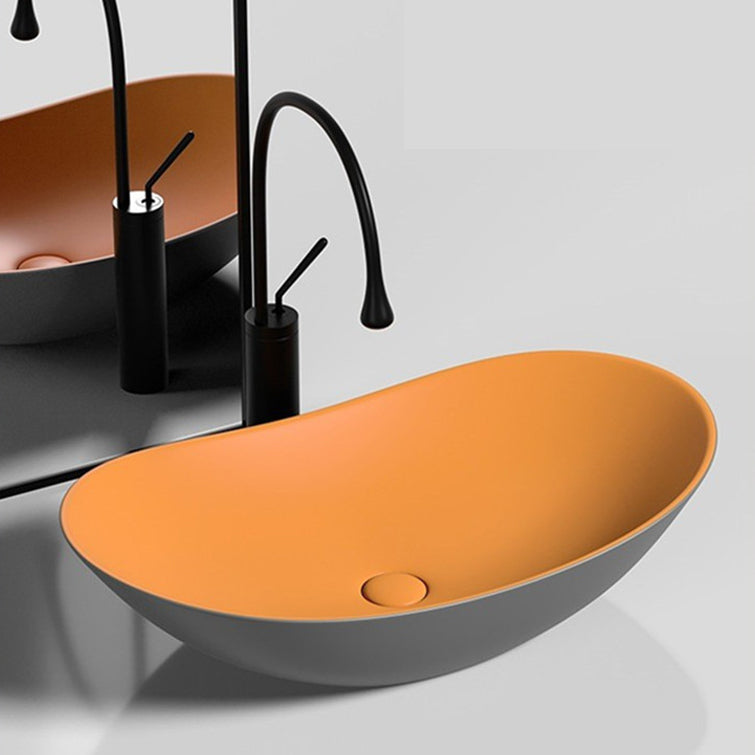 Modern Vessel Bathroom Sink Oval Porcelain with Faucet and Drain Assembly Basin Sink 24"L x 14.2"W x 6.3"H Gray Orange Sink with Faucet Clearhalo 'Bathroom Remodel & Bathroom Fixtures' 'Bathroom Sinks & Faucet Components' 'Bathroom Sinks' 'bathroom_sink' 'Home Improvement' 'home_improvement' 'home_improvement_bathroom_sink' 6818775
