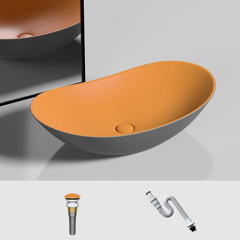 Modern Vessel Bathroom Sink Oval Porcelain with Faucet and Drain Assembly Basin Sink Gray Orange Sink Clearhalo 'Bathroom Remodel & Bathroom Fixtures' 'Bathroom Sinks & Faucet Components' 'Bathroom Sinks' 'bathroom_sink' 'Home Improvement' 'home_improvement' 'home_improvement_bathroom_sink' 6818777