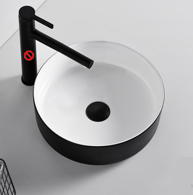 Modern Vessel Sink Round Porcelain with Basin Vessel Lavatory Sink without Faucet 14"L x 14"W x 5"H White Black Clearhalo 'Bathroom Remodel & Bathroom Fixtures' 'Bathroom Sinks & Faucet Components' 'Bathroom Sinks' 'bathroom_sink' 'Home Improvement' 'home_improvement' 'home_improvement_bathroom_sink' 6818810