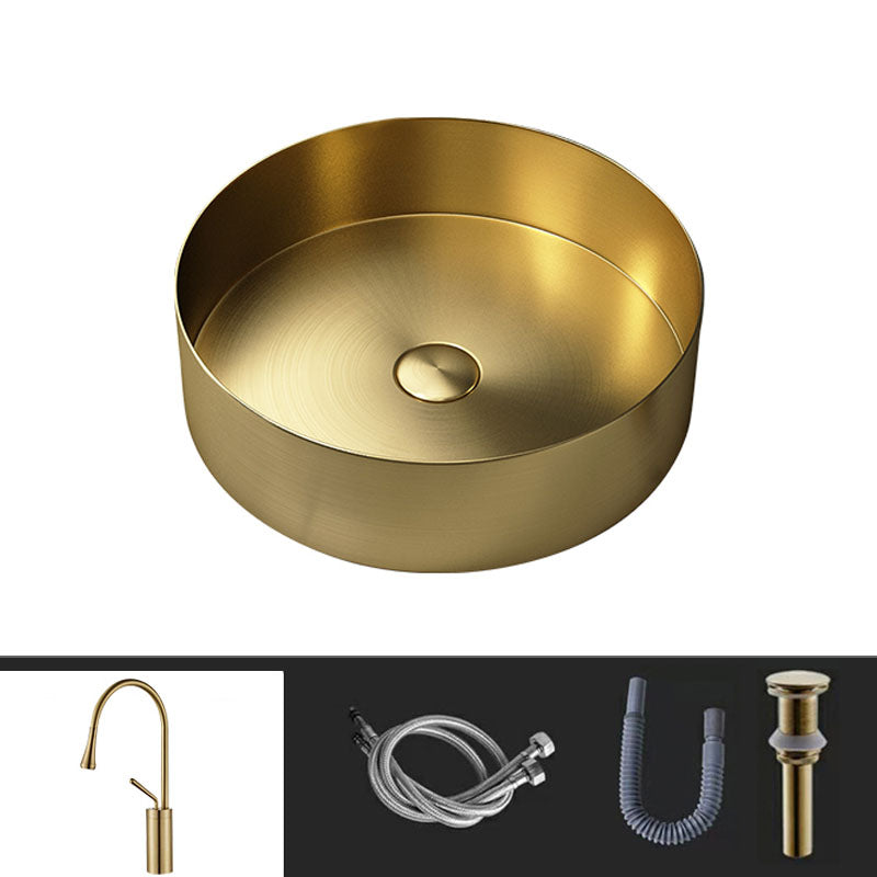 Metal Trough Sink Solid Color Bathroom Sink with Pop-Up Drain Gold Gooseneck Sink with Faucet Clearhalo 'Bathroom Remodel & Bathroom Fixtures' 'Bathroom Sinks & Faucet Components' 'Bathroom Sinks' 'bathroom_sink' 'Home Improvement' 'home_improvement' 'home_improvement_bathroom_sink' 6818843