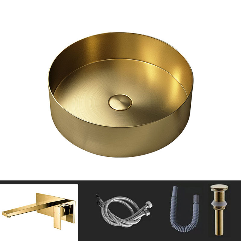 Metal Trough Sink Solid Color Bathroom Sink with Pop-Up Drain Gold Wall Mounted Sink with Faucet Clearhalo 'Bathroom Remodel & Bathroom Fixtures' 'Bathroom Sinks & Faucet Components' 'Bathroom Sinks' 'bathroom_sink' 'Home Improvement' 'home_improvement' 'home_improvement_bathroom_sink' 6818845