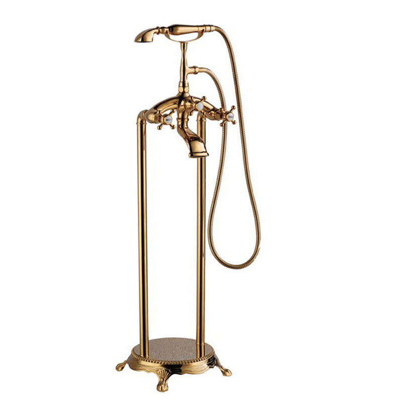 Brass Freestanding Tub Filler Floor Mounted Tub Filler with Handles Gold Square Rectangle Ground Clearhalo 'Bathroom Remodel & Bathroom Fixtures' 'Bathtub Faucets' 'bathtub_faucets' 'Home Improvement' 'home_improvement' 'home_improvement_bathtub_faucets' 6818872