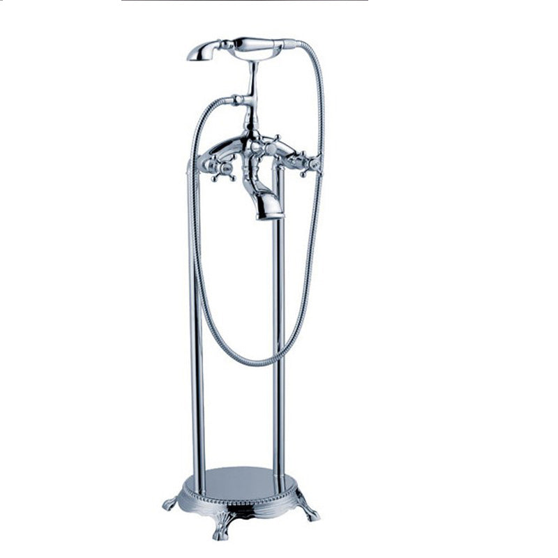 Brass Freestanding Tub Filler Floor Mounted Tub Filler with Handles Silver Square Rectangle Ground Clearhalo 'Bathroom Remodel & Bathroom Fixtures' 'Bathtub Faucets' 'bathtub_faucets' 'Home Improvement' 'home_improvement' 'home_improvement_bathtub_faucets' 6818880