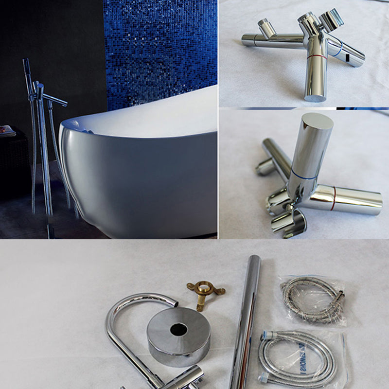 Brass Freestanding Tub Filler Floor Mounted Tub Filler with Handles Clearhalo 'Bathroom Remodel & Bathroom Fixtures' 'Bathtub Faucets' 'bathtub_faucets' 'Home Improvement' 'home_improvement' 'home_improvement_bathtub_faucets' 6818882