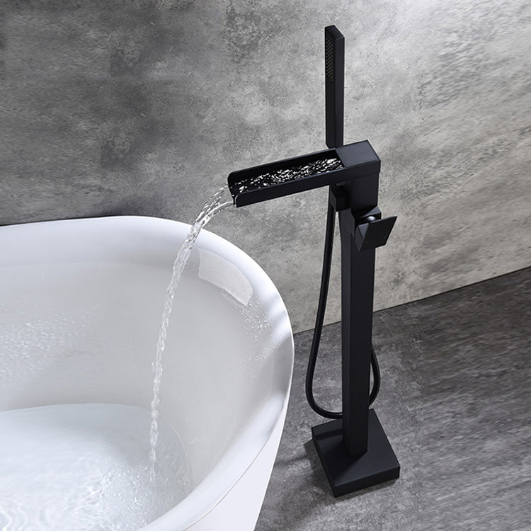 Modern Brass Freestanding Tub Filler Floor Mounted Tub Filler with Handle Clearhalo 'Bathroom Remodel & Bathroom Fixtures' 'Bathtub Faucets' 'bathtub_faucets' 'Home Improvement' 'home_improvement' 'home_improvement_bathtub_faucets' 6818890