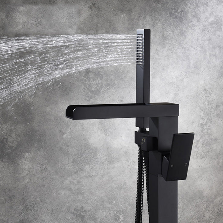 Modern Brass Freestanding Tub Filler Floor Mounted Tub Filler with Handle Clearhalo 'Bathroom Remodel & Bathroom Fixtures' 'Bathtub Faucets' 'bathtub_faucets' 'Home Improvement' 'home_improvement' 'home_improvement_bathtub_faucets' 6818895