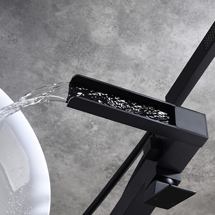 Modern Brass Freestanding Tub Filler Floor Mounted Tub Filler with Handle Clearhalo 'Bathroom Remodel & Bathroom Fixtures' 'Bathtub Faucets' 'bathtub_faucets' 'Home Improvement' 'home_improvement' 'home_improvement_bathtub_faucets' 6818902