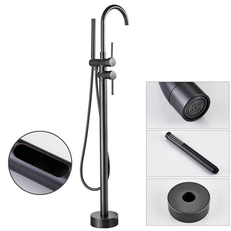 Tub Filler Lever Handle Freestanding Brass High Arc Handshower Traditional Tub Filler Black 2 Handle Faucets Hand Shower Included Clearhalo 'Bathroom Remodel & Bathroom Fixtures' 'Bathtub Faucets' 'bathtub_faucets' 'Home Improvement' 'home_improvement' 'home_improvement_bathtub_faucets' 6818922