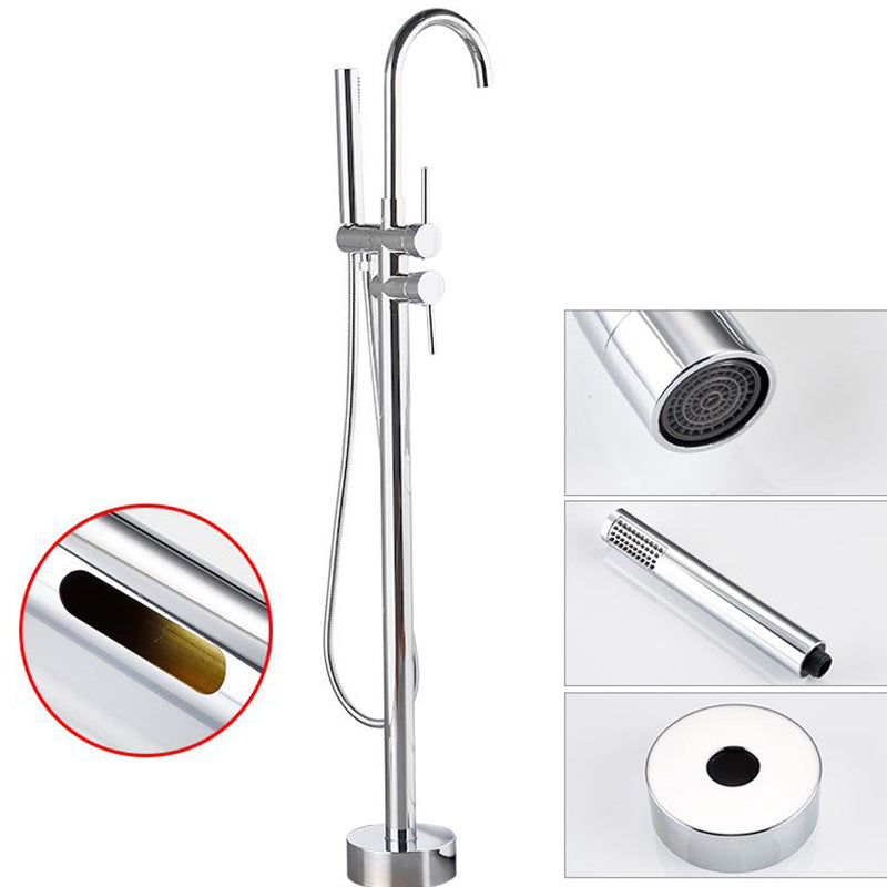 Tub Filler Lever Handle Freestanding Brass High Arc Handshower Traditional Tub Filler Silver 2 Handle Faucets Hand Shower Included Clearhalo 'Bathroom Remodel & Bathroom Fixtures' 'Bathtub Faucets' 'bathtub_faucets' 'Home Improvement' 'home_improvement' 'home_improvement_bathtub_faucets' 6818924