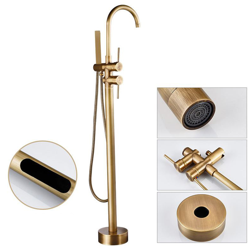Tub Filler Lever Handle Freestanding Brass High Arc Handshower Traditional Tub Filler Brass 2 Handle Faucets Hand Shower Included Clearhalo 'Bathroom Remodel & Bathroom Fixtures' 'Bathtub Faucets' 'bathtub_faucets' 'Home Improvement' 'home_improvement' 'home_improvement_bathtub_faucets' 6818925