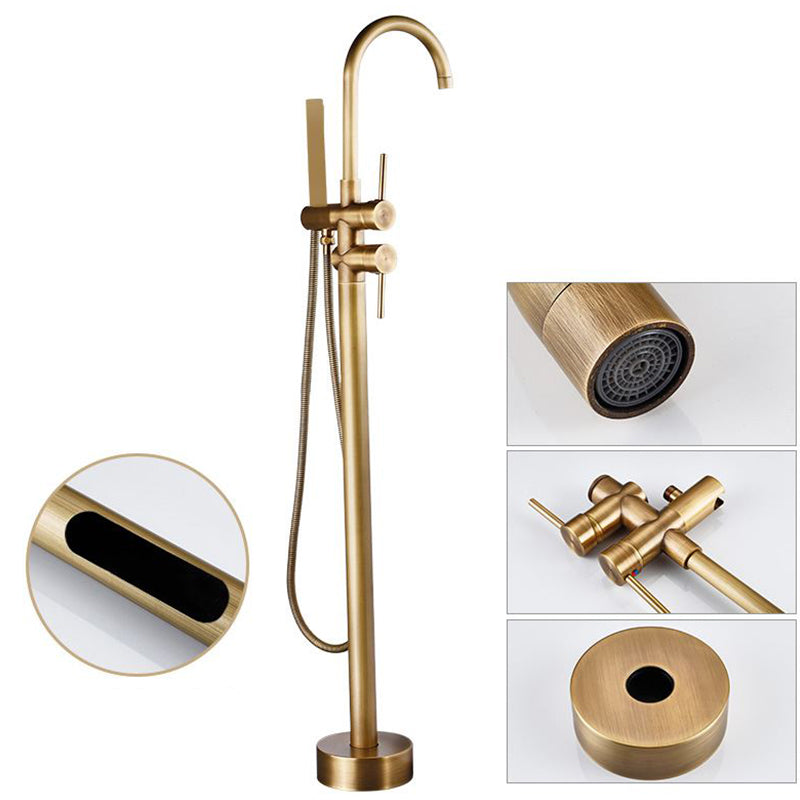 Tub Filler Lever Handle Freestanding Brass High Arc Handshower Traditional Tub Filler Brass 2 Handle Faucets Hand Shower Included Clearhalo 'Bathroom Remodel & Bathroom Fixtures' 'Bathtub Faucets' 'bathtub_faucets' 'Home Improvement' 'home_improvement' 'home_improvement_bathtub_faucets' 6818925