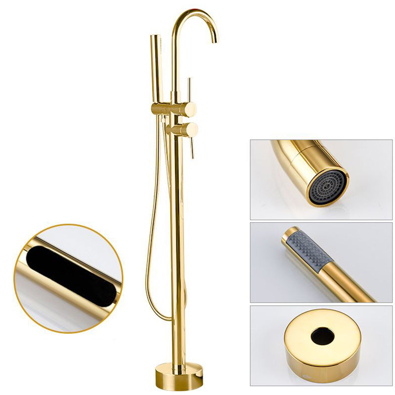 Tub Filler Lever Handle Freestanding Brass High Arc Handshower Traditional Tub Filler Gold 2 Handle Faucets Hand Shower Included Clearhalo 'Bathroom Remodel & Bathroom Fixtures' 'Bathtub Faucets' 'bathtub_faucets' 'Home Improvement' 'home_improvement' 'home_improvement_bathtub_faucets' 6818927