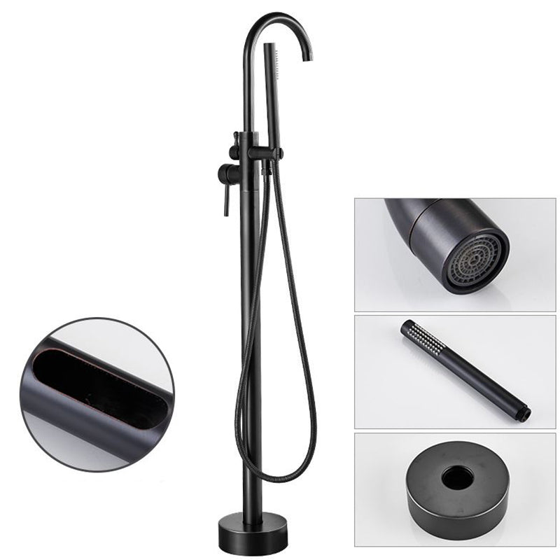 Tub Filler Lever Handle Freestanding Brass High Arc Handshower Traditional Tub Filler Black 1 Handle Faucets Hand Shower Included Clearhalo 'Bathroom Remodel & Bathroom Fixtures' 'Bathtub Faucets' 'bathtub_faucets' 'Home Improvement' 'home_improvement' 'home_improvement_bathtub_faucets' 6818930