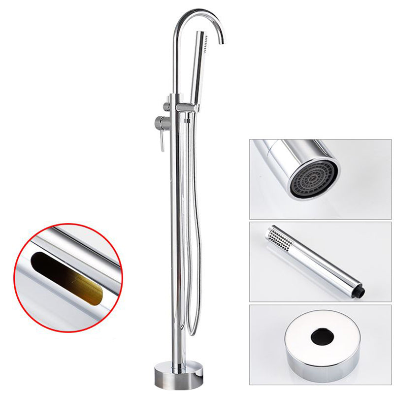 Tub Filler Lever Handle Freestanding Brass High Arc Handshower Traditional Tub Filler Silver 1 Handle Faucets Hand Shower Included Clearhalo 'Bathroom Remodel & Bathroom Fixtures' 'Bathtub Faucets' 'bathtub_faucets' 'Home Improvement' 'home_improvement' 'home_improvement_bathtub_faucets' 6818934