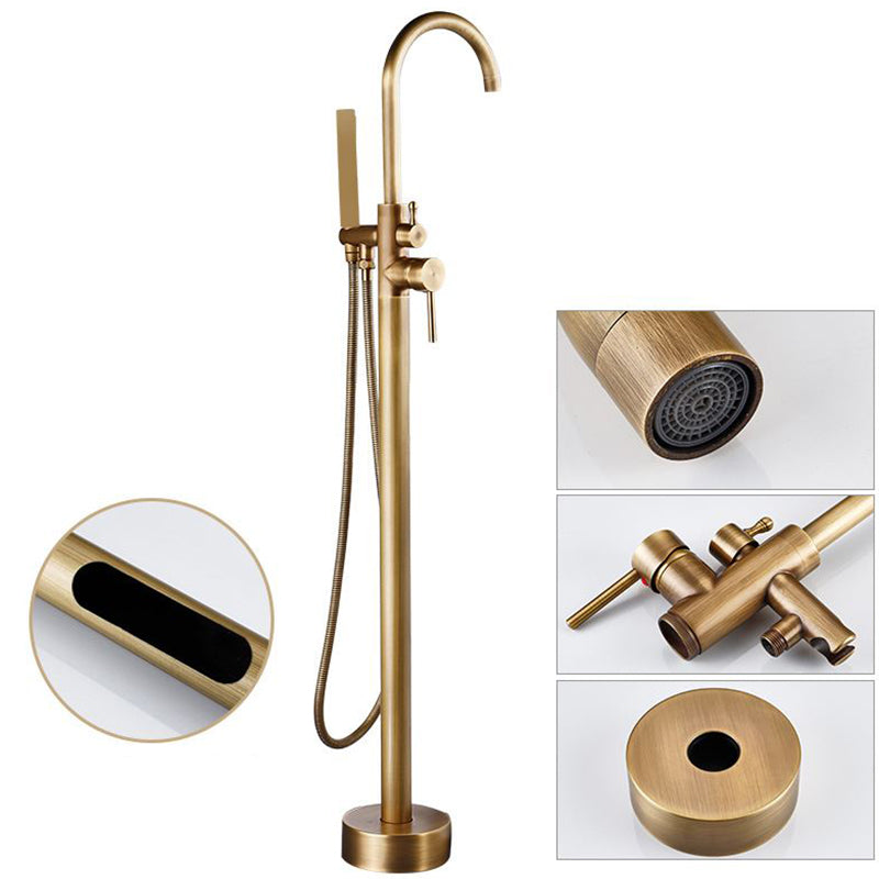 Tub Filler Lever Handle Freestanding Brass High Arc Handshower Traditional Tub Filler Brass 1 Handle Faucets Hand Shower Included Clearhalo 'Bathroom Remodel & Bathroom Fixtures' 'Bathtub Faucets' 'bathtub_faucets' 'Home Improvement' 'home_improvement' 'home_improvement_bathtub_faucets' 6818937